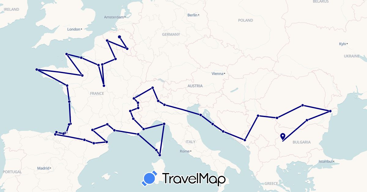 TravelMap itinerary: driving in Andorra, Belgium, Bulgaria, Switzerland, Spain, France, Croatia, Italy, Montenegro, Romania, Serbia (Europe)