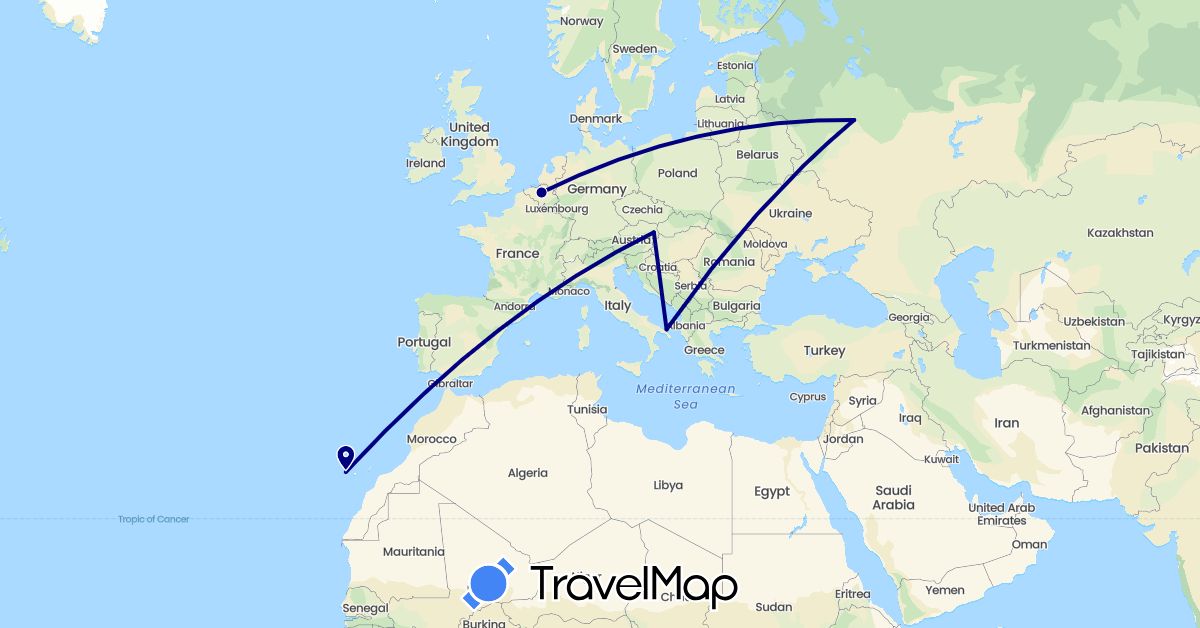 TravelMap itinerary: driving in Austria, Belgium, Spain, Italy, Russia (Europe)